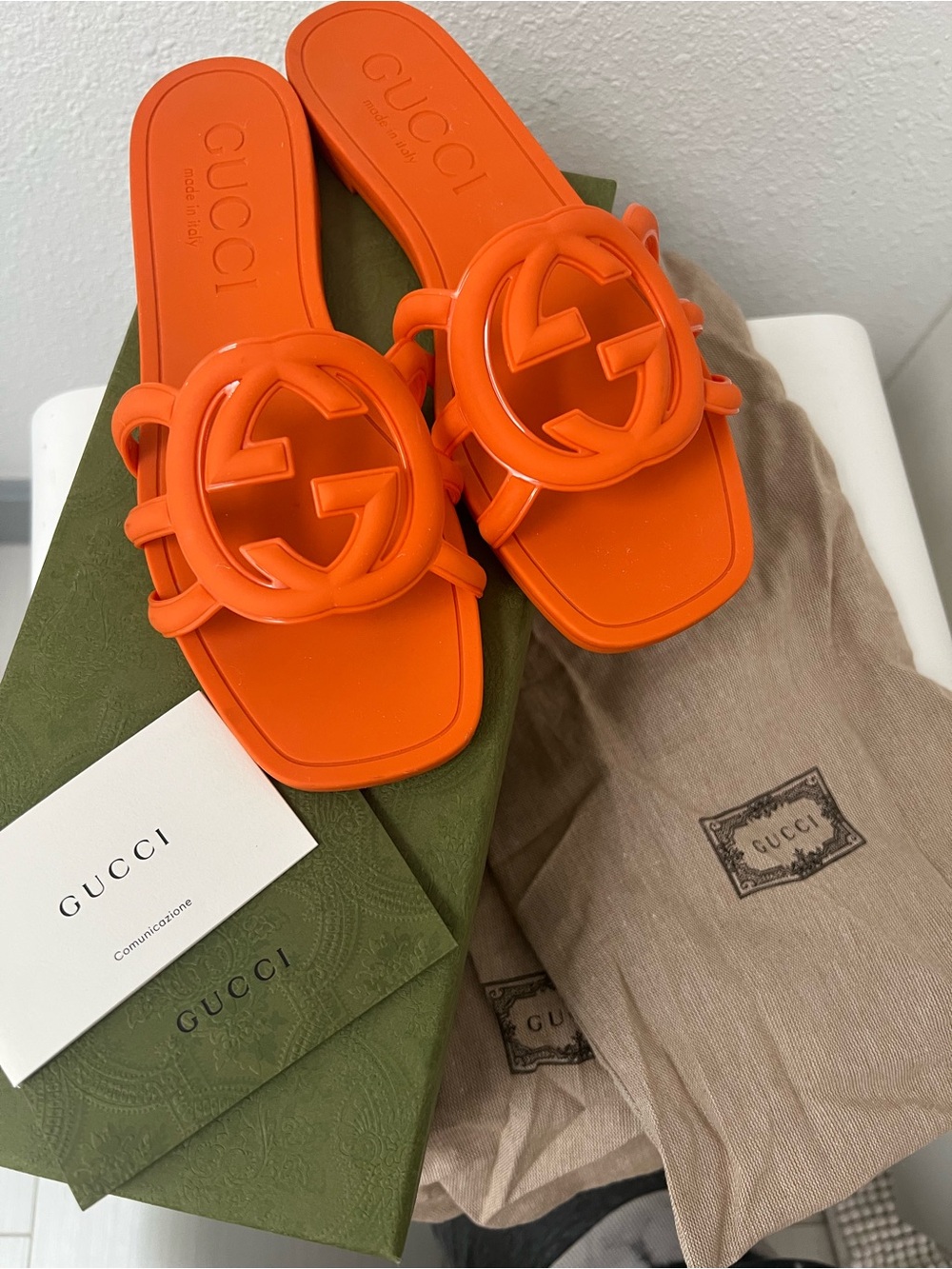Gucci Bright Orange Interlocking GG rubber Slide Sandals